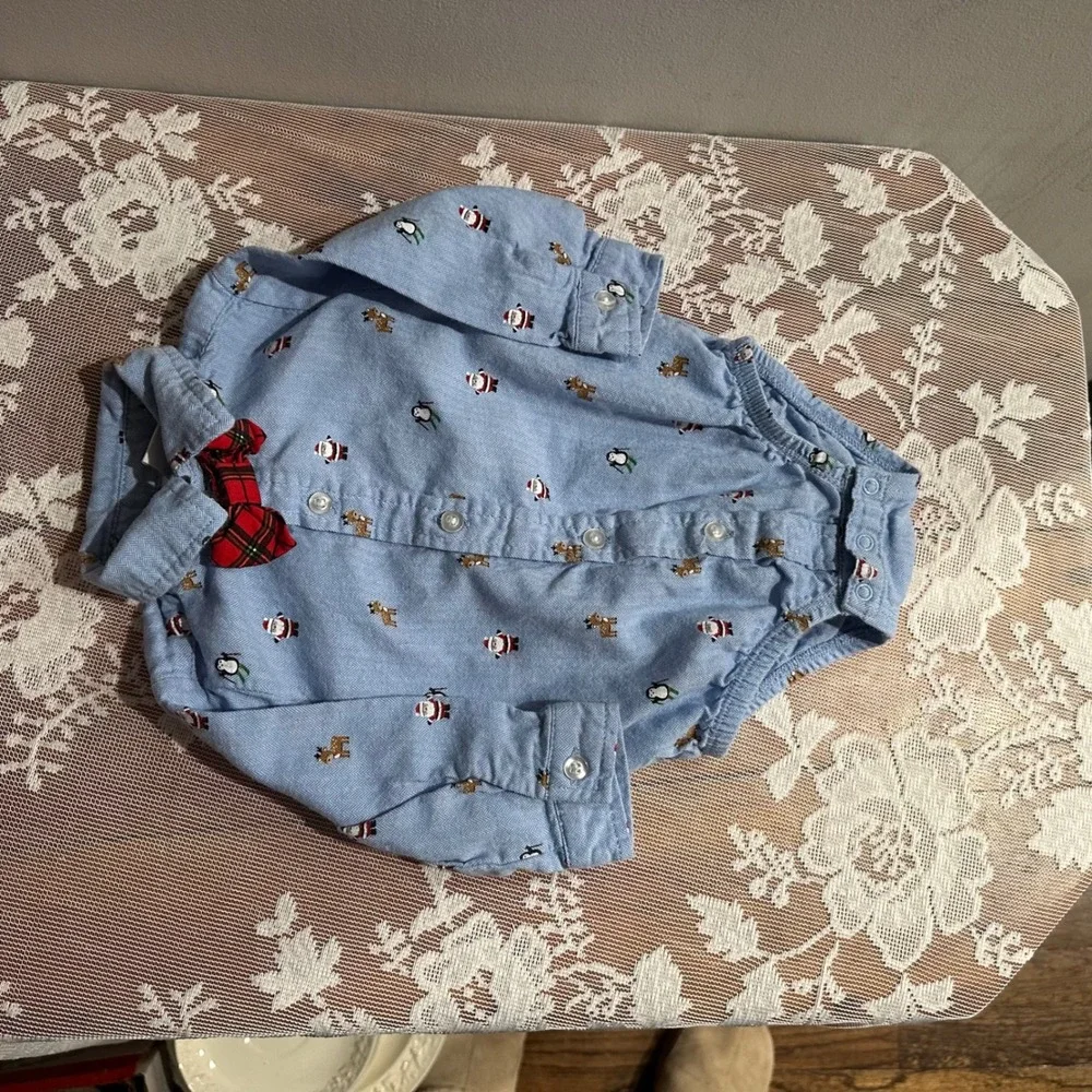 Little Me Baby Boys 6M Blue Christmas Santa‎ Penguin Reindeer Long Sleeve Onesie